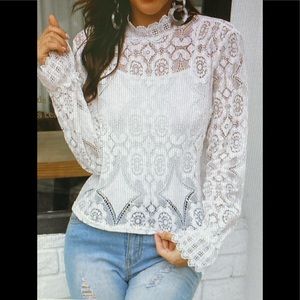 •White Lace Long Sleeve Blouse
